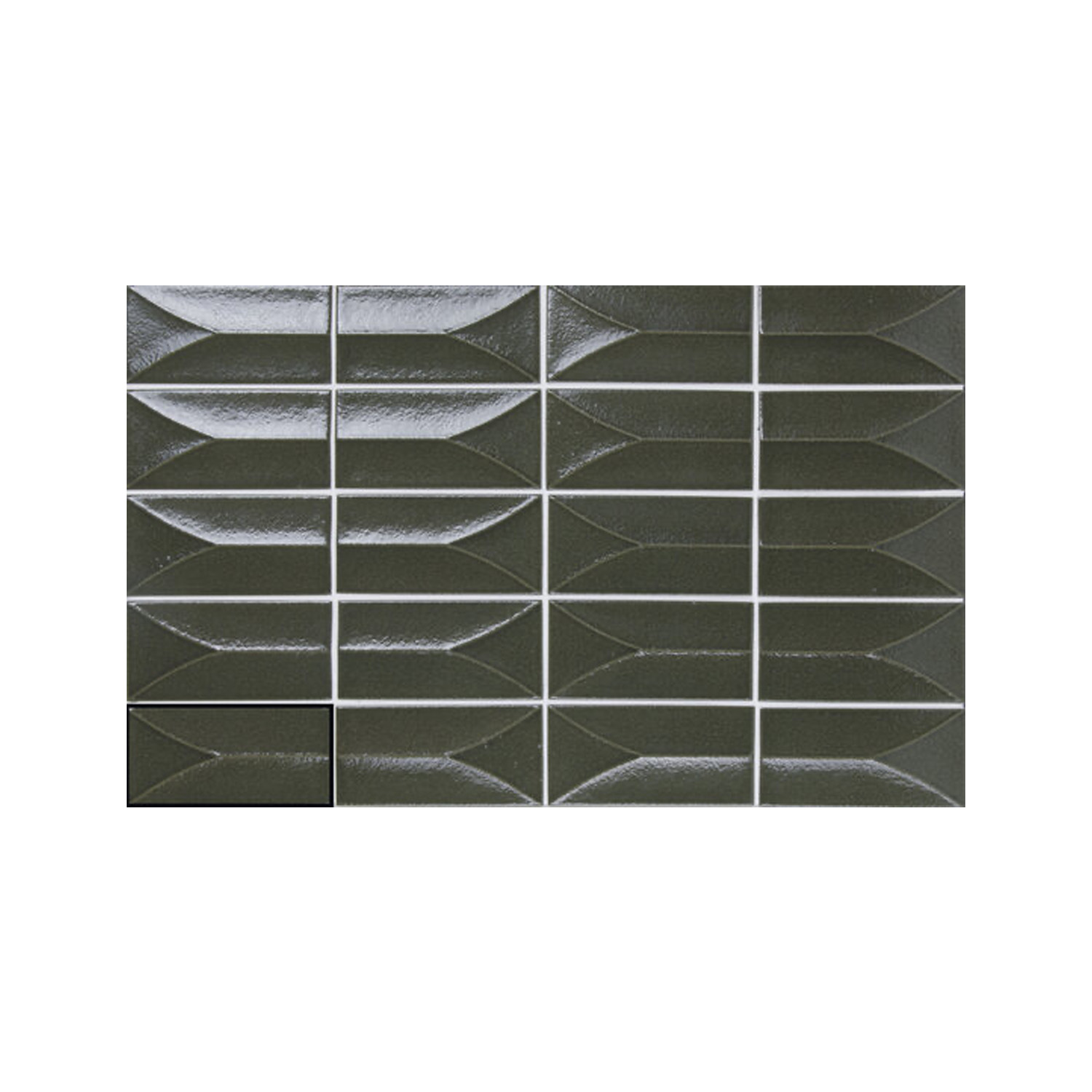 Arka - Forma Green features rectangular, glossy green ceramic tiles arranged in a grid on a white background. The tiles showcase a faceted, three-dimensional geometric design with raised, angled edges.