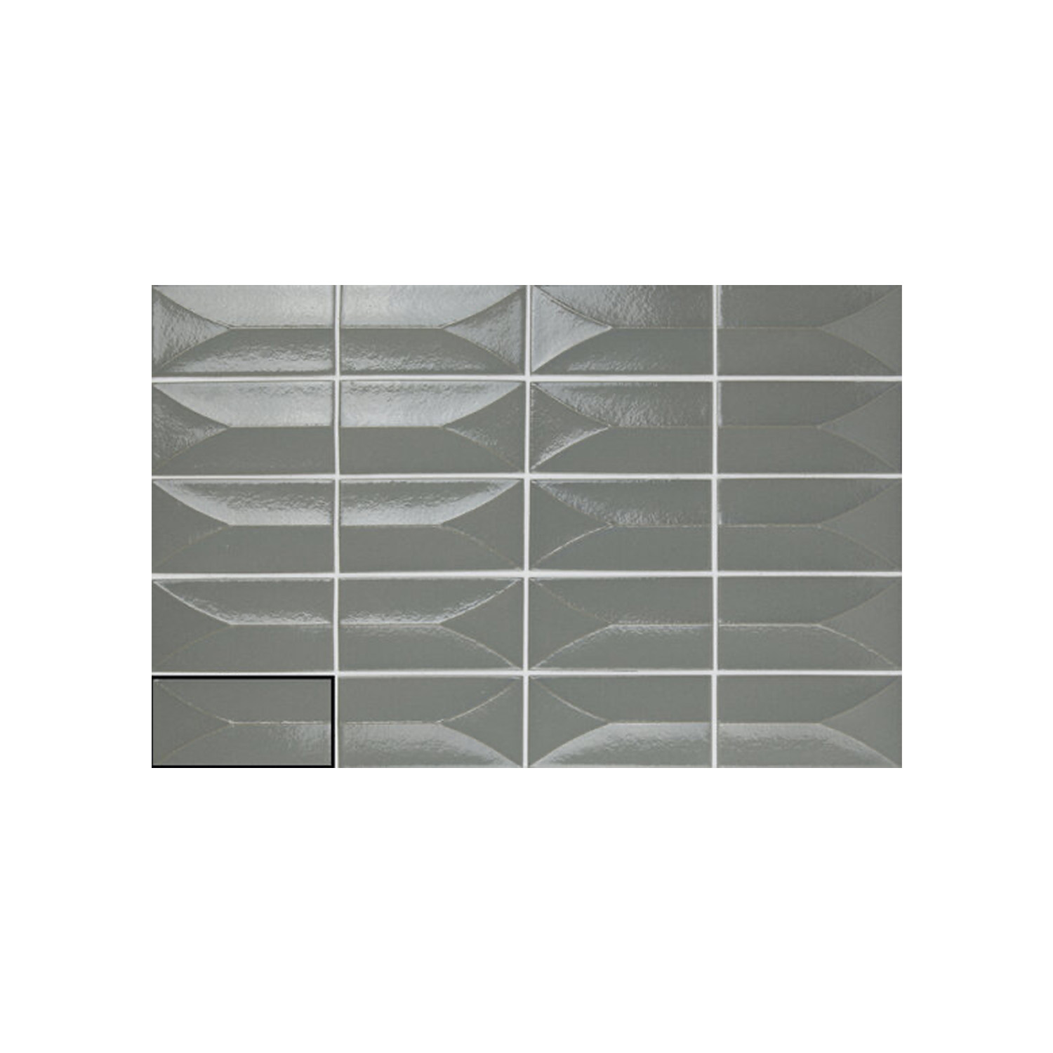 A grid of glossy, rectangular Arka - Forma Steel tiles with beveled edges, arranged in four rows and five columns against a white background. One tile in the bottom left corner is outlined in black.