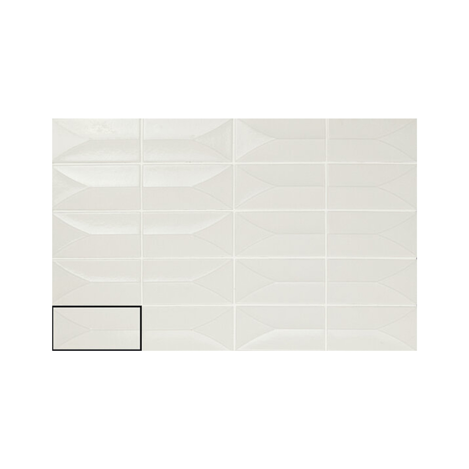 Arka - Forma White rectangular tiles with a subtle geometric pattern are arranged in a grid. One tile in the bottom left corner is outlined in black, drawing attention to it. The background remains plain white.