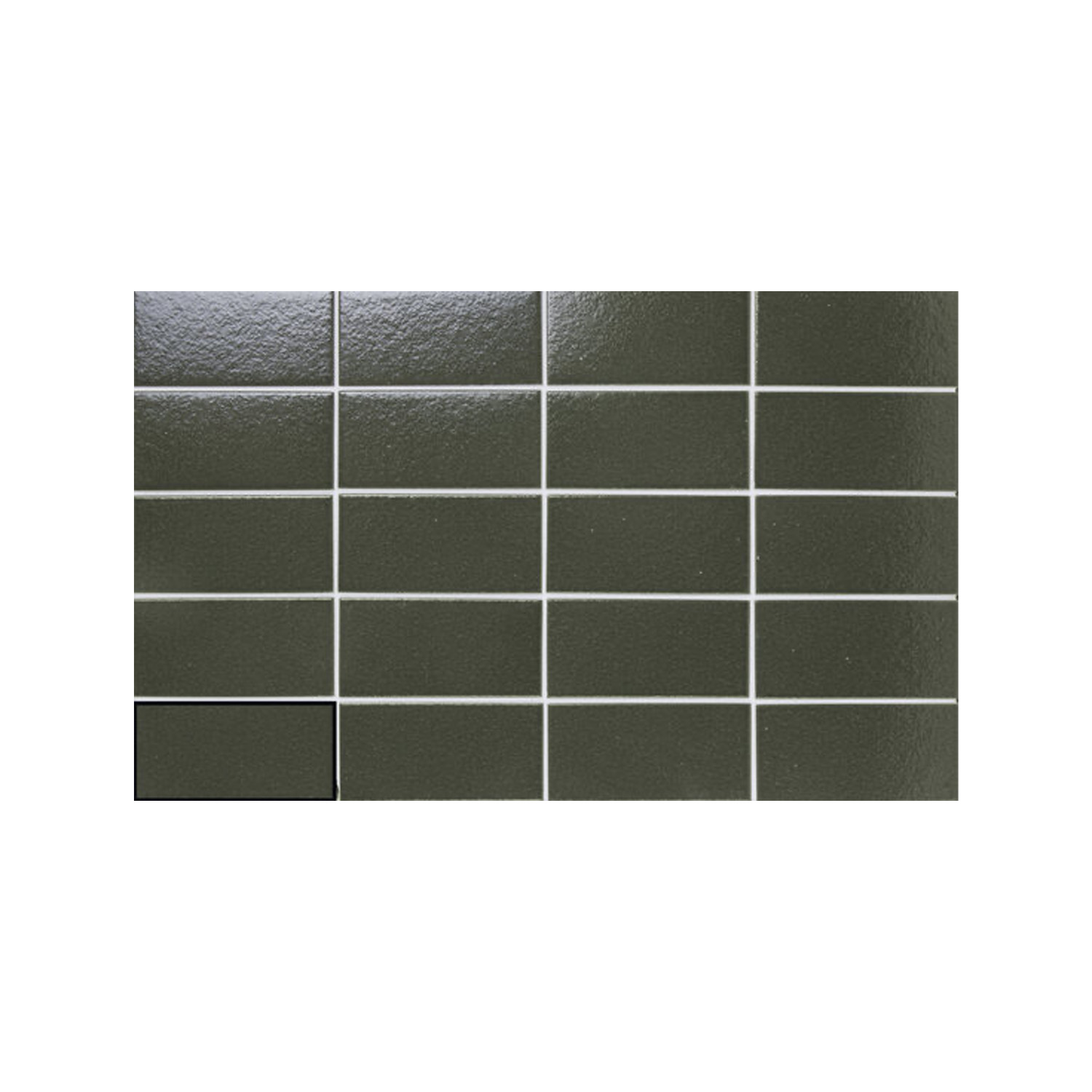 A grid of glossy, dark olive-green rectangular Arka - Green tiles is laid in a standard running bond pattern. The tiles feature light-colored grout lines, with one tile in the bottom left corner highlighted by a thick black border.