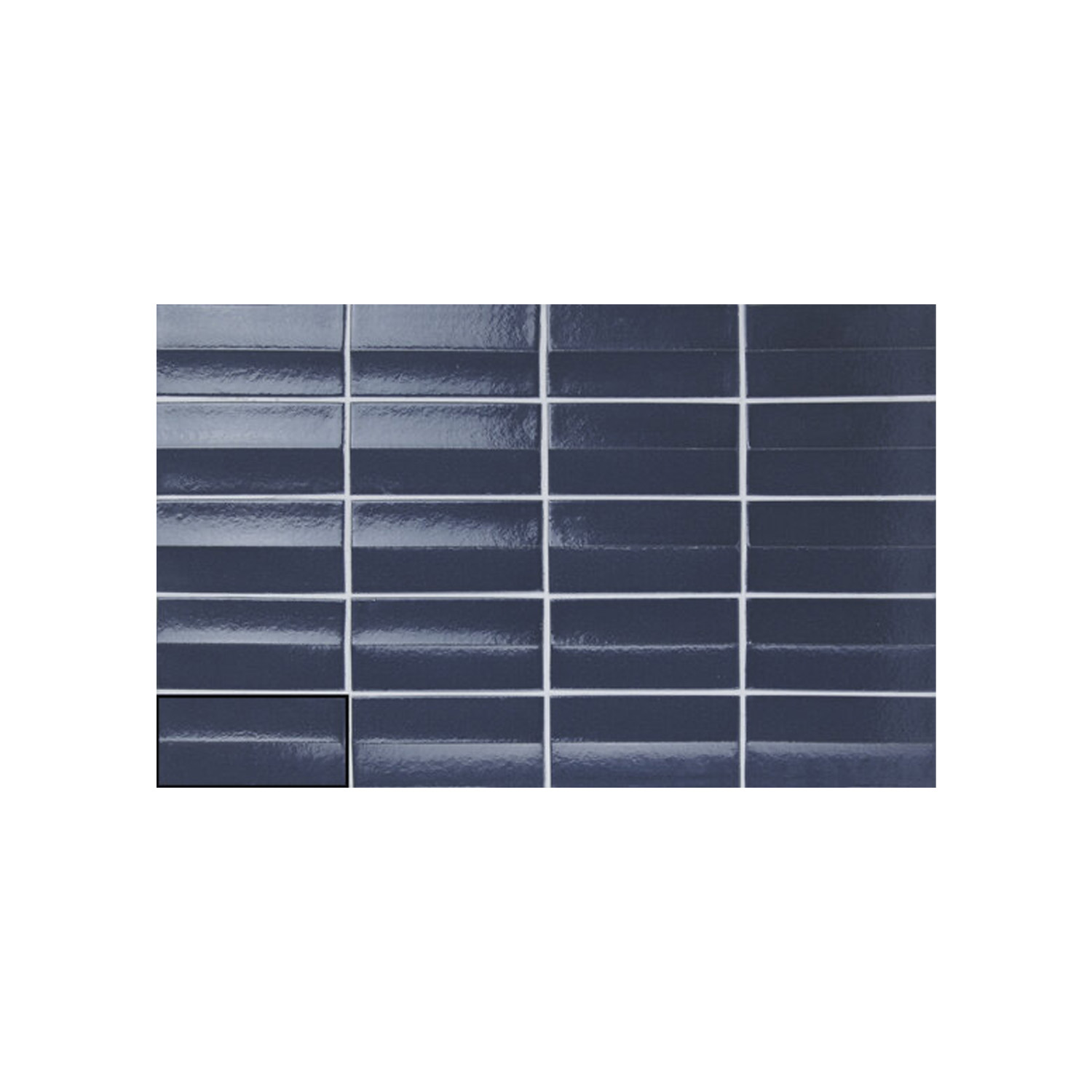A grid of shiny, rectangular Arka - Ona Blue tiles is arranged in rows and columns with white grout between them.
