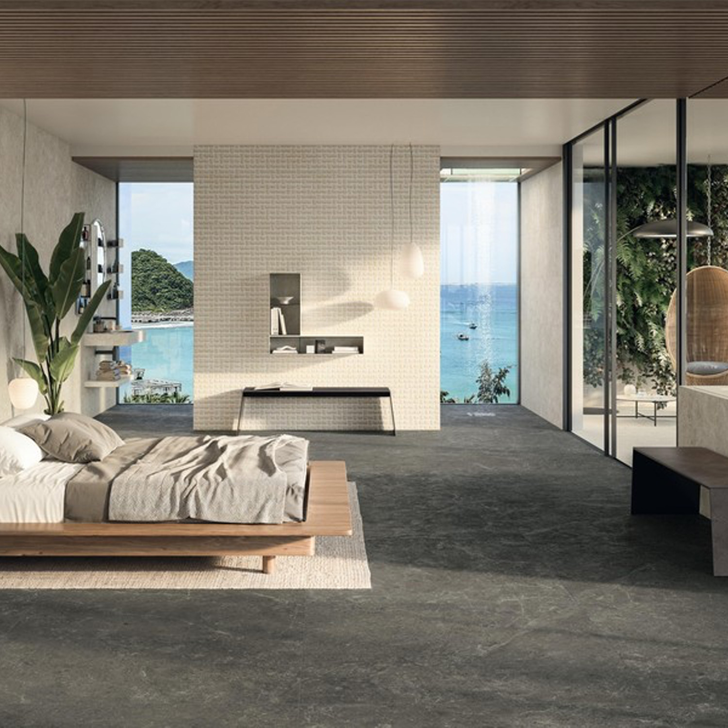 Modern bedroom featuring Nyra - Charcoal, with minimalist decor, large windows showcasing ocean views, a wooden ceiling, and indoor plants. Neutral tones and natural light create a serene, relaxing atmosphere.