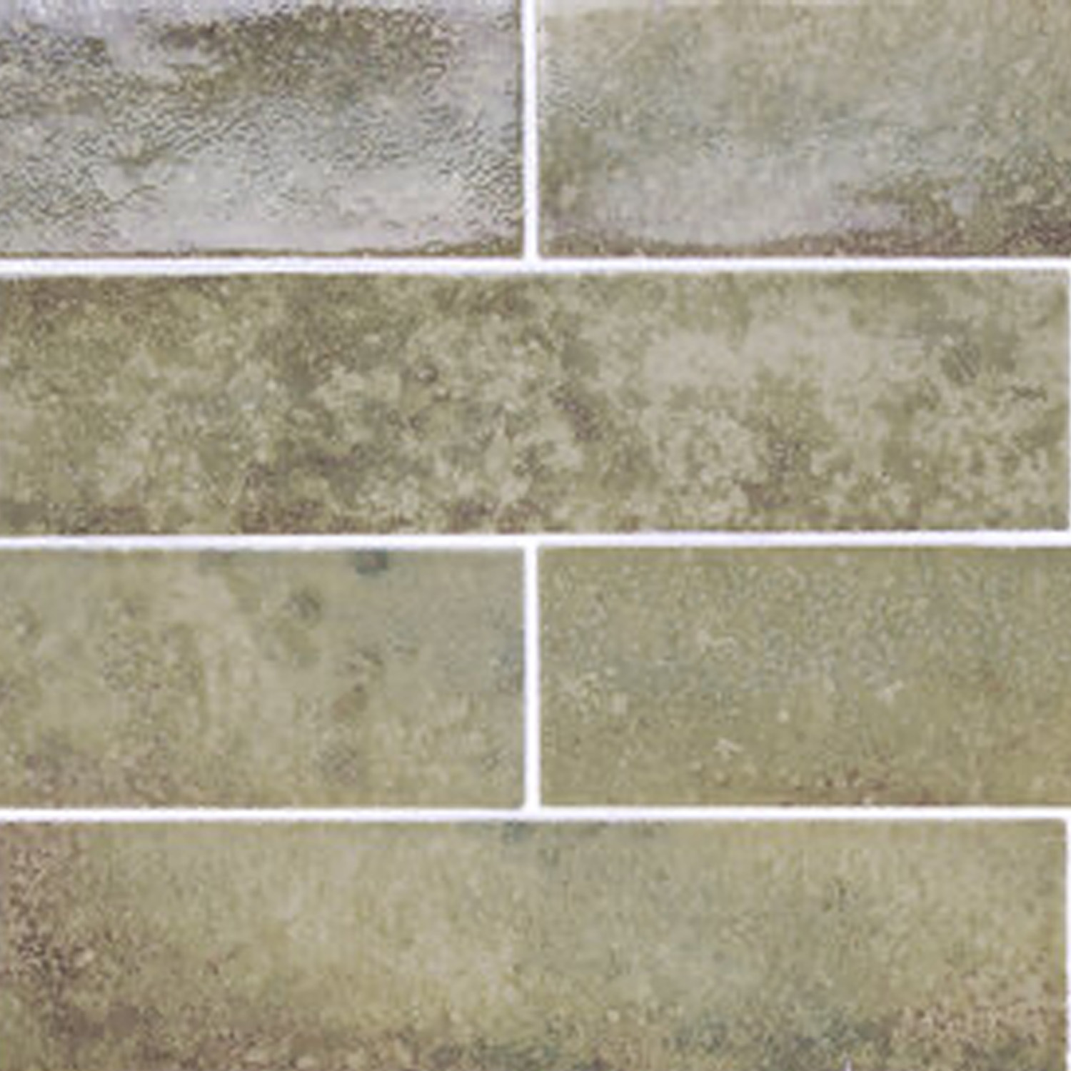 Touch - Moss rectangular tiles in beige and olive green, arranged in a staggered brick pattern with subtle texture and visible grout lines between each tile.