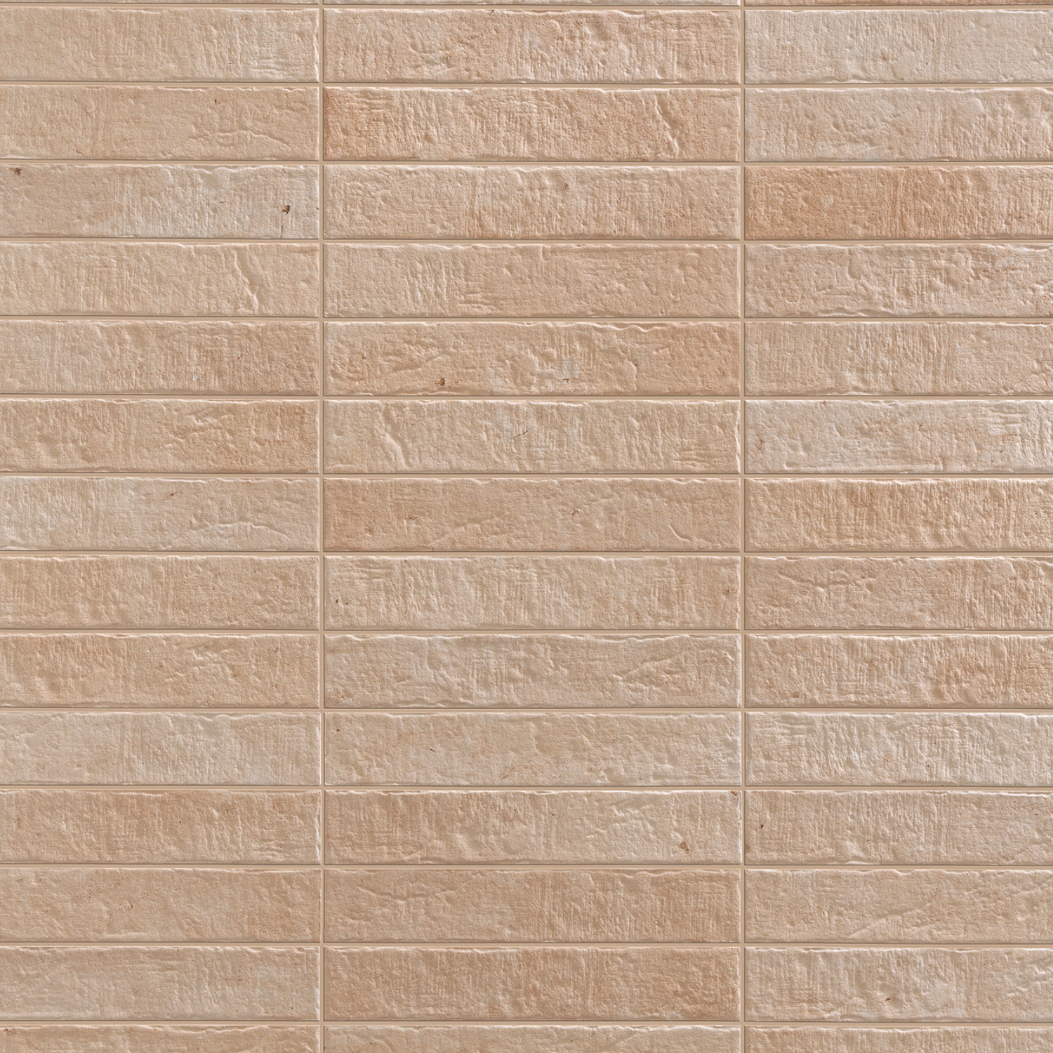 Tyrrhenia - Mauve wall tiles feature a light brown, textured finish with a rough, stone-like surface and distinctive horizontal grooves, arranged in a grid pattern.