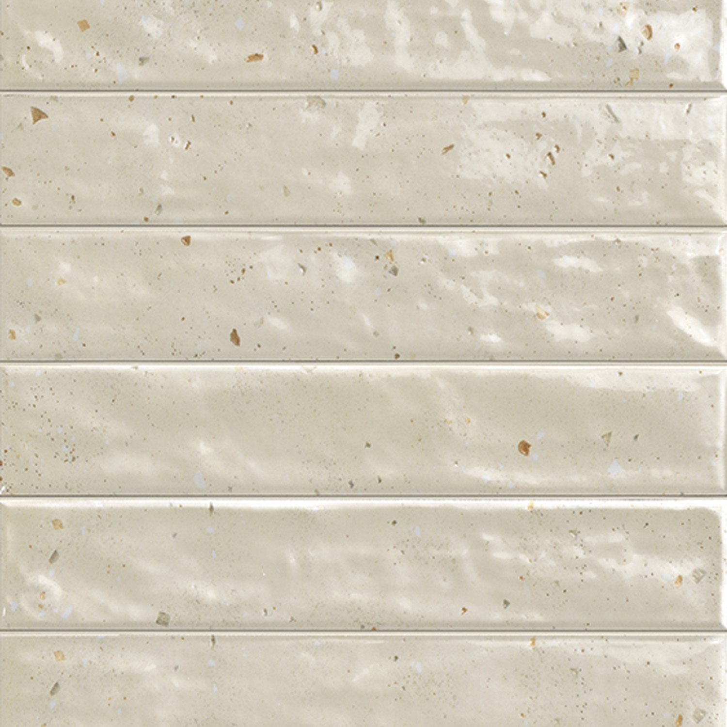 Via Del Sale - Beige features creamy beige rectangular tiles with a subtle glossy finish, speckled with small brown and gray flecks. The tiles are arranged horizontally in a stacked pattern.