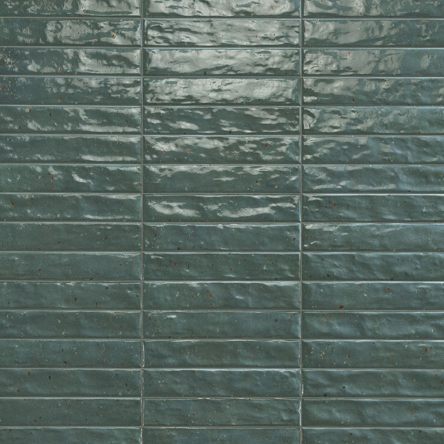 Via Del Sale - Rain Forest tiles feature a glossy, rectangular teal ceramic design arranged in a horizontally aligned grid pattern. Each tile has a subtly wavy, uneven surface texture with visible grout lines separating every row and column.