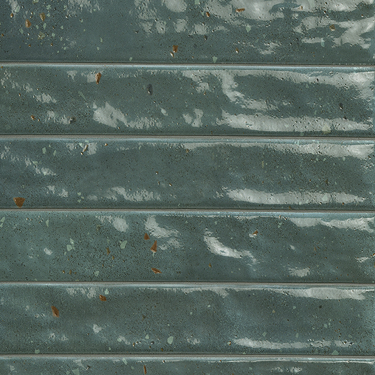 Via Del Sale - Rain Forest features glossy, rectangular teal ceramic tiles with subtle color variations and delicate specks of brown and pale blue, arranged horizontally. The surface is textured and highly reflective.