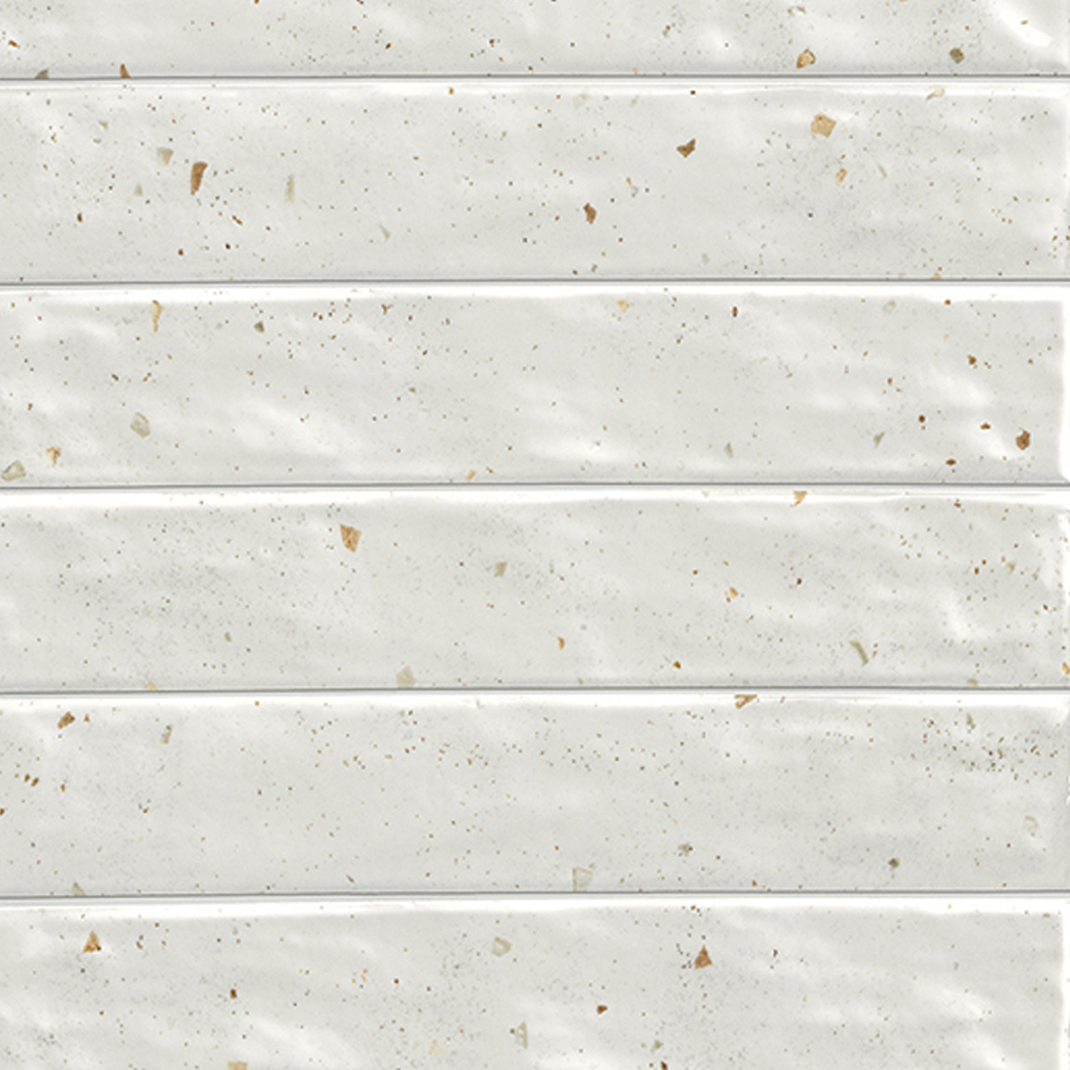 Via Del Sale - White features white rectangular tiles with subtle gold specks, arranged horizontally to create a clean and modern textured wall surface.
