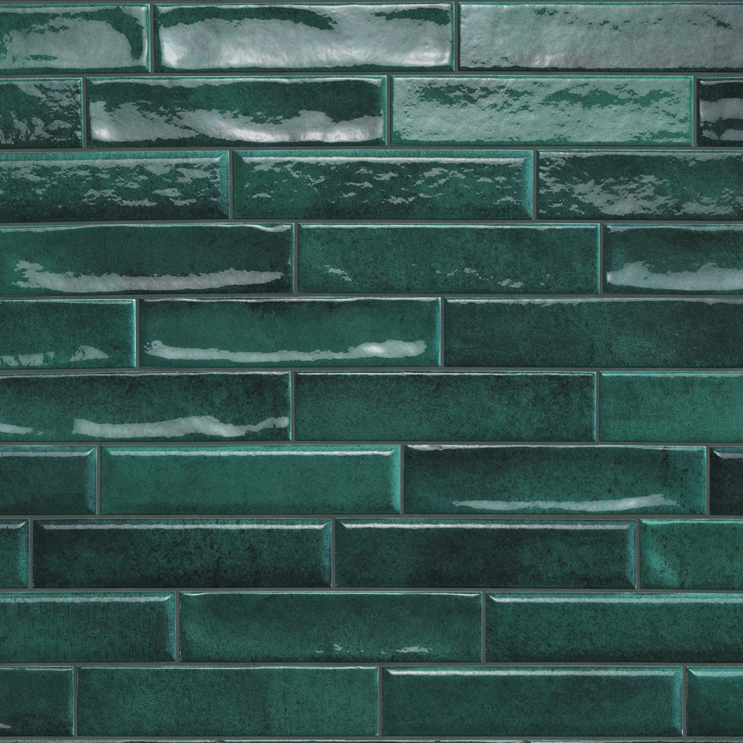 Vibe - Forest Green tiles feature a glossy, dark green rectangular design arranged in a horizontal, staggered brick pattern, reflecting light with a smooth yet subtly textured finish.
