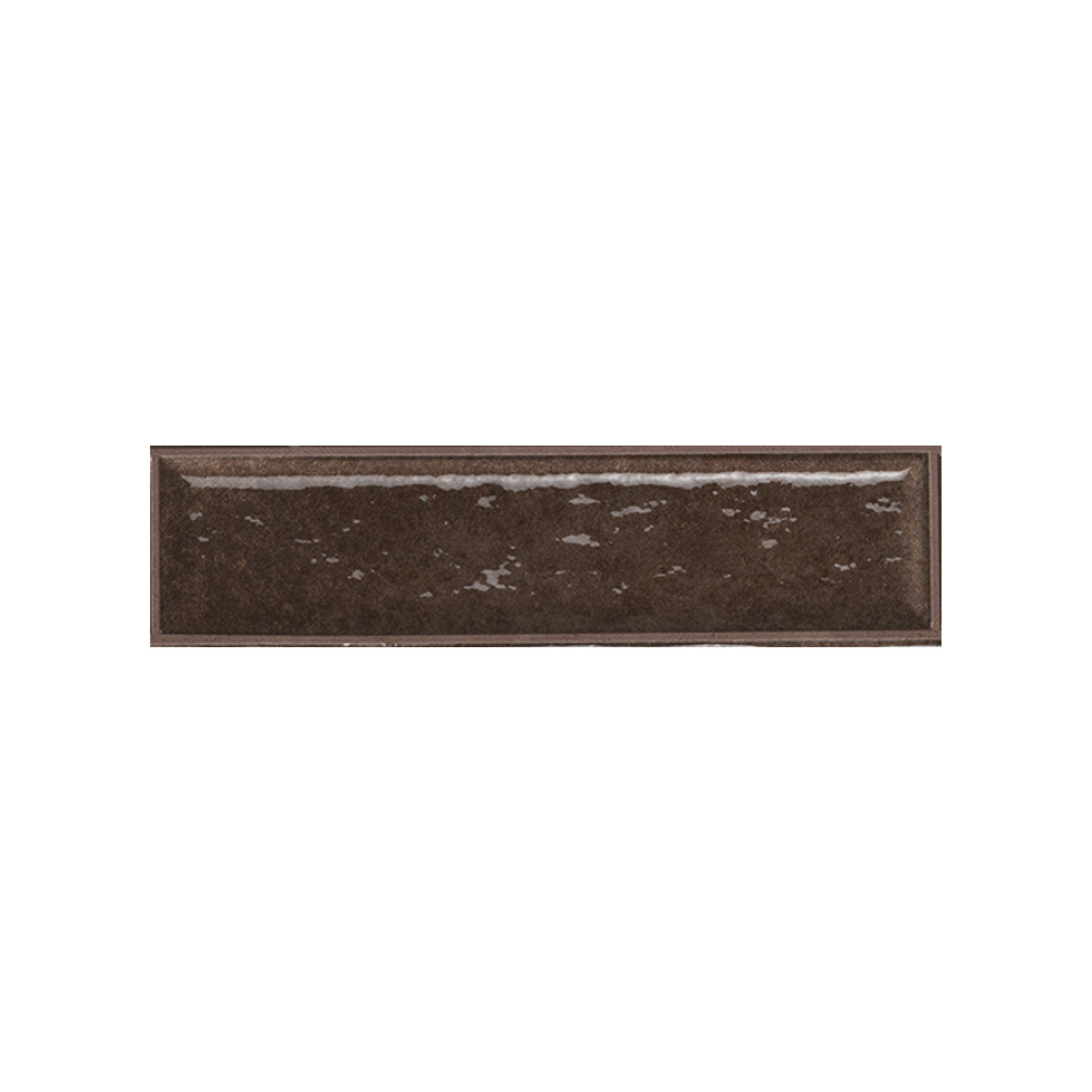 A rectangular “Vibe - Mud” tile, crafted from dark brown ceramic with a slightly glossy, uneven surface and a beveled edge, is displayed on a white background.