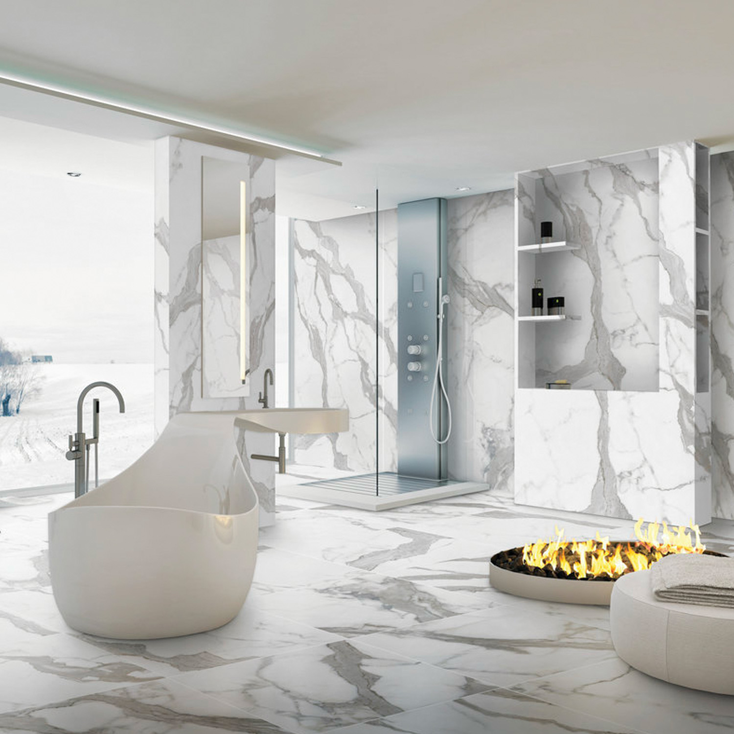 Modern bathroom featuring Bernini Classico walls and floors, a sleek freestanding tub, walk-in shower, wall shelves, and a round fire pit with a pouf. Large windows reveal a snowy outdoor landscape.