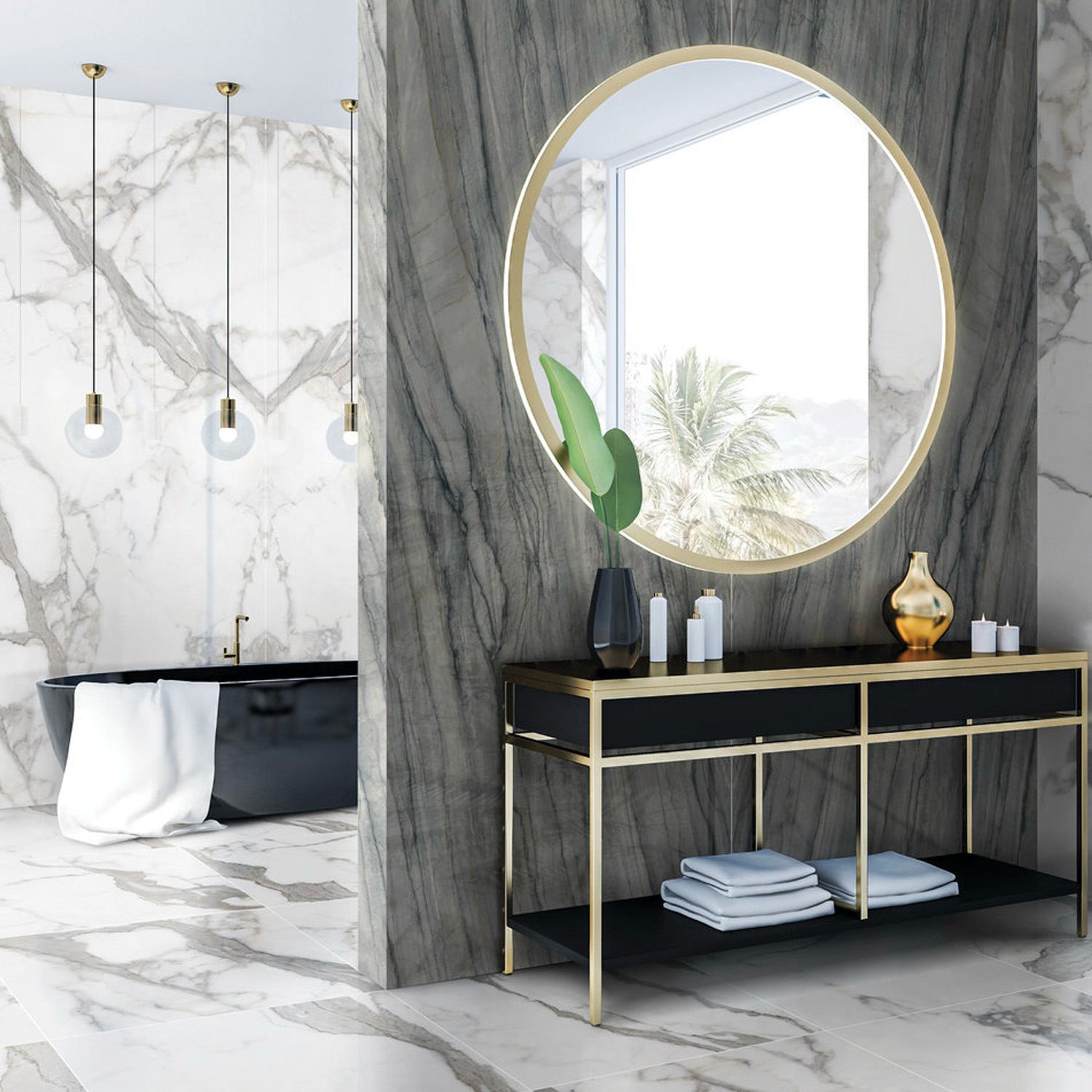 Modern bathroom featuring Bernini Classico marble walls and floor, a round mirror above a black and gold vanity, a vase with a green leaf, and a black bathtub illuminated by hanging pendant lights. A palm tree is visible through the window.