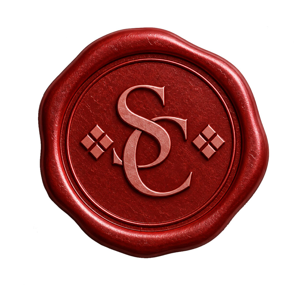A red wax seal with the intertwined letters S and C in the center, surrounded by four diamond shapes, on a white background.