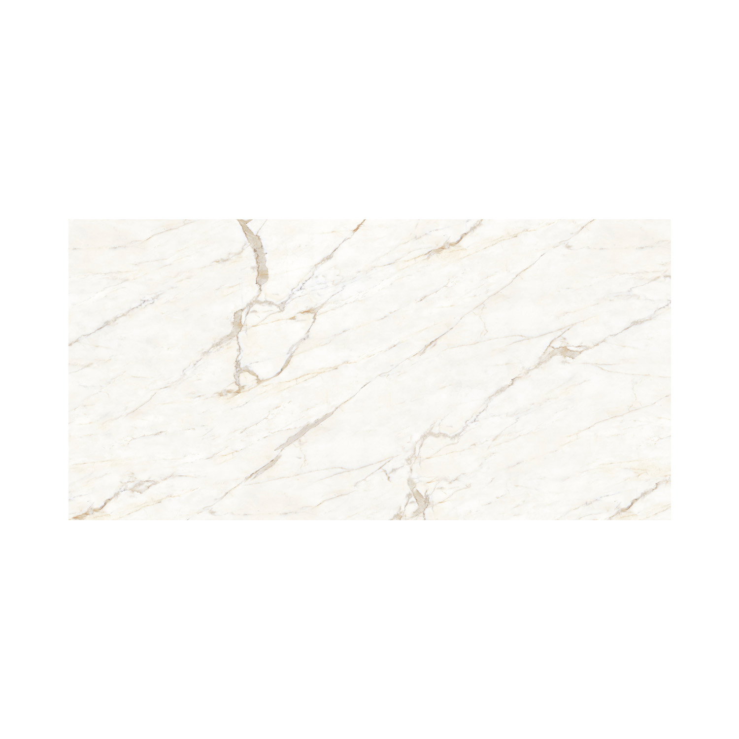 Oro Calacatta is a rectangular white marble tile featuring subtle beige and gray veining that runs diagonally across its pristine white background.